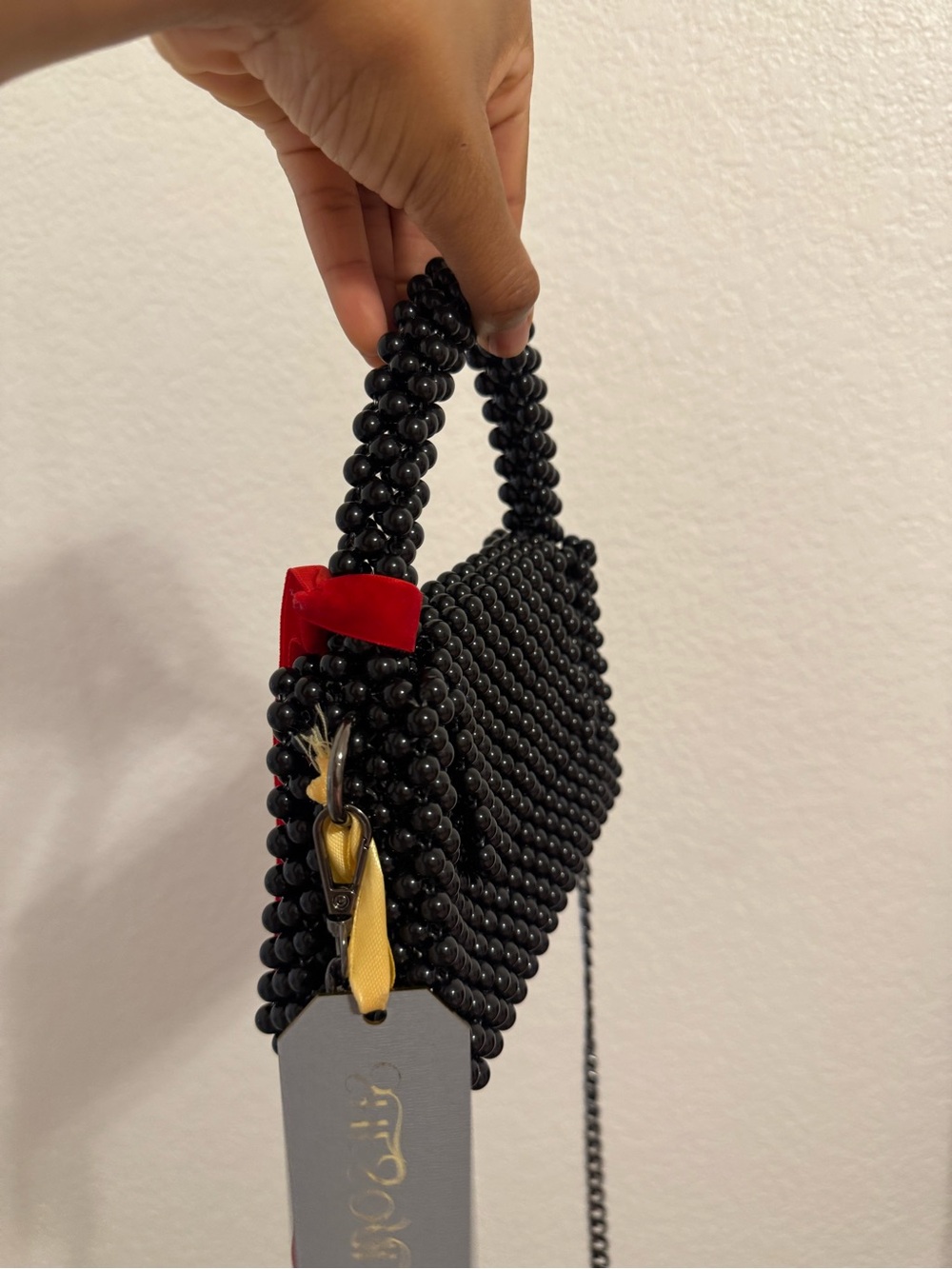 Black Beaded Mini Top-Handle Bag with Red Accent - Picture 4 of 4